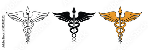 Medical caduceus symbol vector set, professional healthcare emblem with snakes and wings, black and gold pharmacy icons for hospital branding