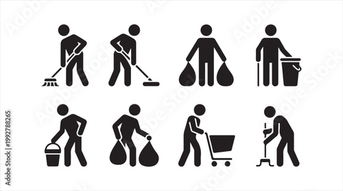 Collection of household cleaning icons featuring sweeping mopping and waste disposal actions