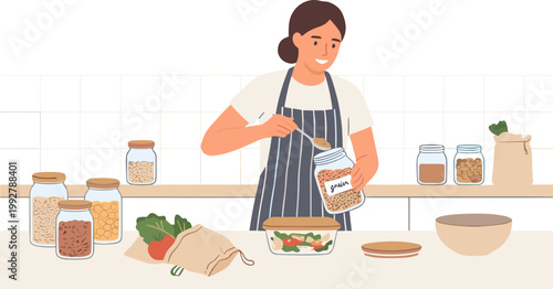 Woman prepares food with various ingredients on kitchen counter at home