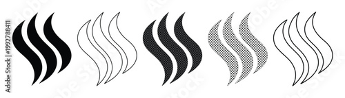 Minimalist steam icon set, black and grey aroma vapor symbols, 5 vector heat smoke elements for coffee and food branding