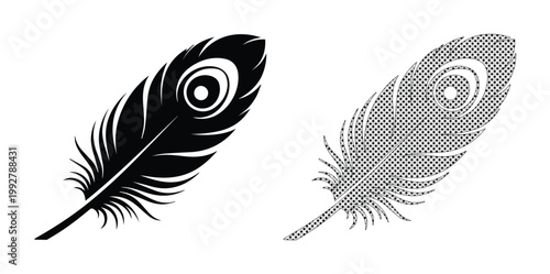 Peacock feather vector icons, black silhouette and halftone dot pattern plumes, elegant bird plumage illustrations for luxury branding and logo design