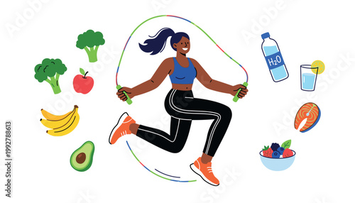Woman engaging in healthy lifestyle with jump rope and nutritious food.
