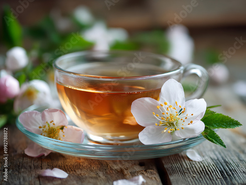 Warm herbal tea sits in a clear cup surrounded by delicate flowers on a wooden table in a cozy setting during the afternoon