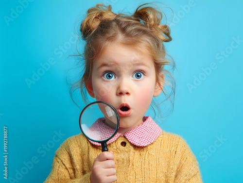 Child with a magnifying glass shows surprise while looking at something in front of a blue background