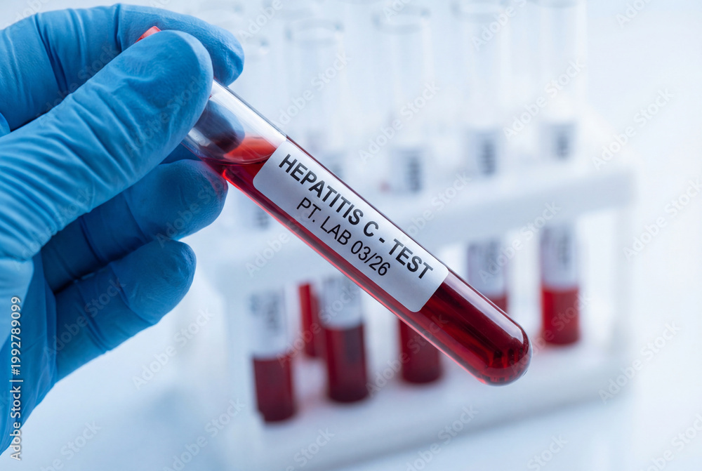 Naklejka premium Laboratory worker holding blood sample tube labeled hepatitis c test in clinic