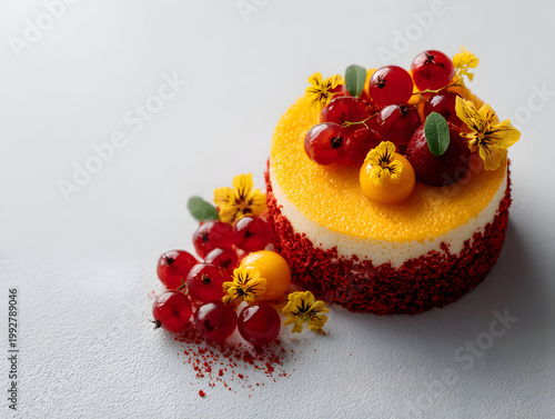 Colorful dessert with fruits and flowers on a light background in a kitchen setting