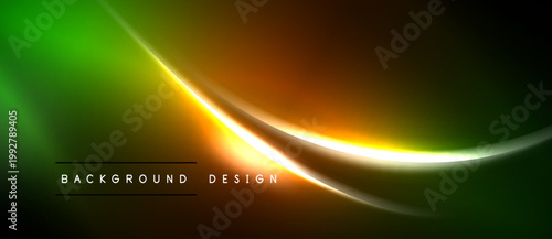 Abstract vibrant background. Smooth gradients blend green, orange, yellow hues. Dynamic curves create modern visual effect.