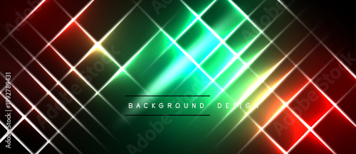 Abstract geometric pattern. Bright lines intersect, creating vibrant green, red highlights on black backdrop. Modern design element.