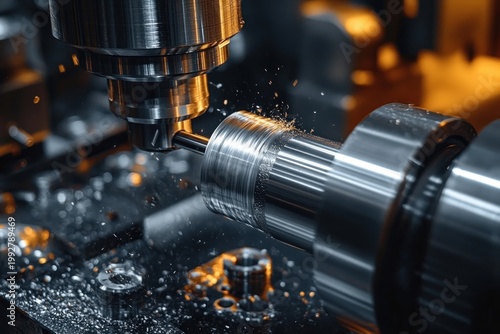 high-precision cnc milling cutter machining a rotating steel shaft with sparks and glistening metal shavings, intense focused industrial action
