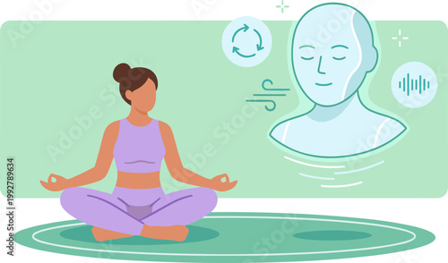 Woman meditates peacefully indoors with sound waves and a calming atmosphere around her.