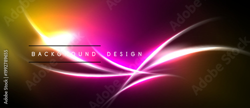 Abstract vibrant background. Bright neon lines intersect dark space. Modern design elements create dynamic visual effect.