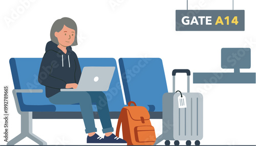 Person sitting on airport gate seat with laptop and luggage waiting