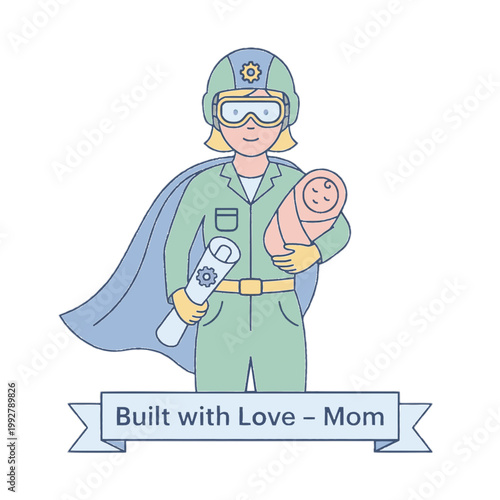 Superhero Mother Engineer with Baby and Blueprint Flat Vector Isolated on Transparent Background