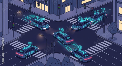 Autonomous vehicles navigating a city intersection at night.