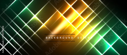 Abstract neon grid. Vibrant green, yellow lights intersect dark background. Modern design element for digital projects.