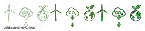Foto 環境保護と持続可能性を象徴するエコアイコンセット。風力発電、CO2削減、地球と植物の成長を表現した、クリーンエネルギーと環境問題解決に焦点を当てたベクターイラス