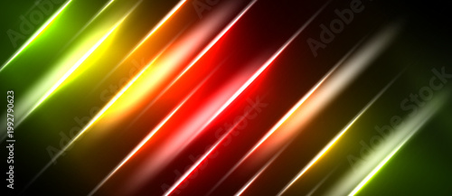 Abstract diagonal lines, vibrant colors blend. Green, yellow, red gradients create dynamic visual effect. Dark background emphasizes luminosity.