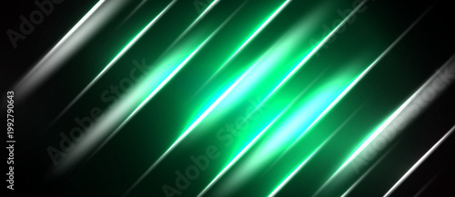 Abstract background features bright green, silver lines. Diagonal streaks create dynamic visual effect. Dark areas contrast vibrant illumination.