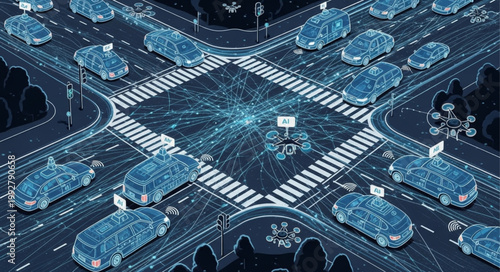 Autonomous vehicles navigating a smart city intersection with digital network connections.