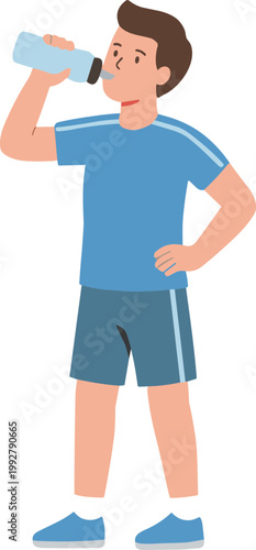 Man drinks from a water bottle while standing in a casual outdoor setting