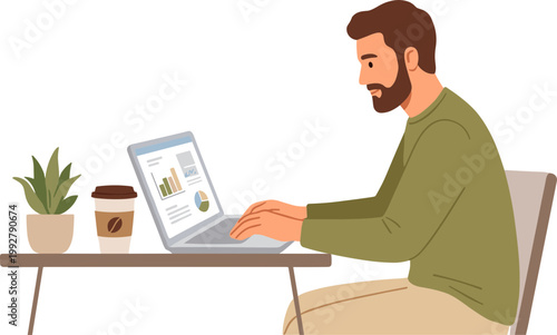 Man sitting at table working on laptop with plant coffee