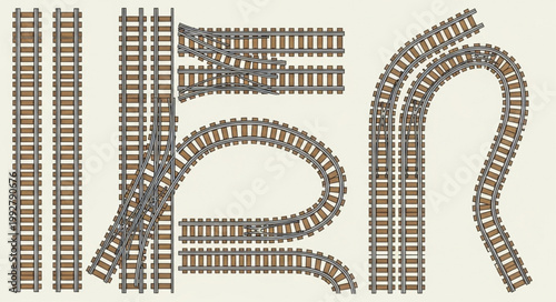 Collection of various model train tracks on a white background.