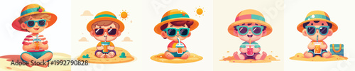 vector little boy sitting drinking ice on the beach during summer