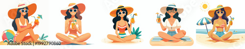 vector woman sitting drinking ice on the beach during summer