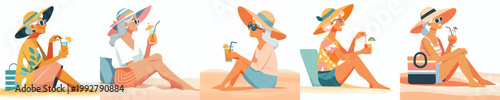 vector grandma sitting drinking ice on the beach during summer side view