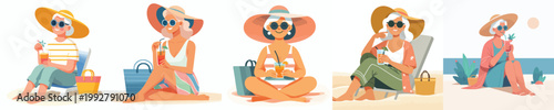 vector grandma sitting drinking ice on the beach during summer