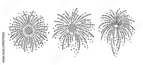 花火のベクターイラストセット、お祝いやイベントを彩る線画の打ち上げ花火、祭りや記念日のデザインに最適な3種類の花火アイコン