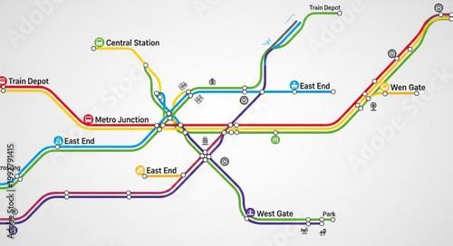 Abstract colorful subway map with lines and stations.