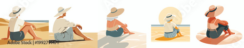 vector of grandma sitting relaxed on the beach enjoying the summer back view