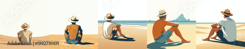 vector of man sitting relaxed on the beach enjoying the summer back view