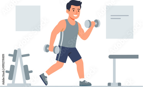 A man is exercising with dumbbells in a gym with equipment around him