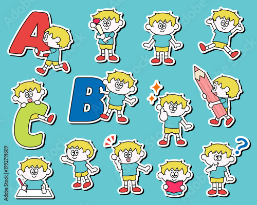 かわいい男の子のイラストセット_英語_フチあり（ベクター）