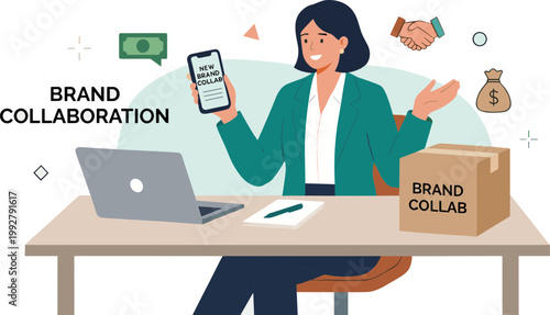 A woman collaborates with brands at a desk with laptop and phone