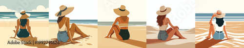 vector of woman sitting relaxed on the beach enjoying the summer back view