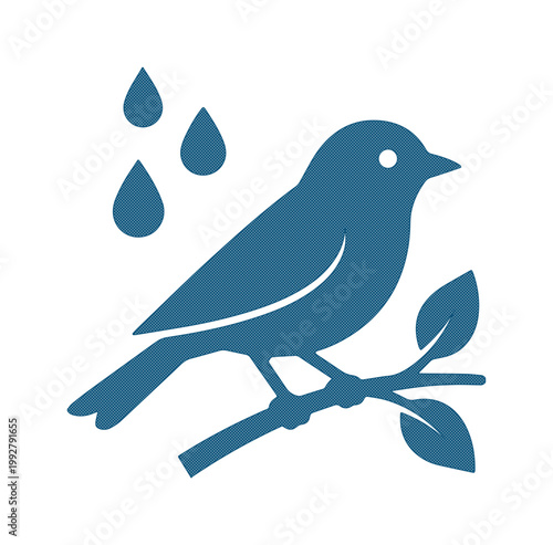 青い鳥と雨粒のシンプルでミニマルなベクターアイコン。自然、環境、天気、季節の移り変わりを表現するグラフィック素材。ウェブサイトやアプリ、印刷物デザインに最適なイラスト。
