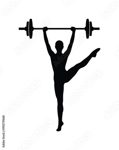 力強くバーベルを持ち上げる女性のシルエット、フィットネスと健康的なライフスタイルを象徴するベクターイラスト素材、スポーツジムやトレーニング関連デザインに最適