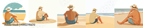 vector of grandpa sitting relaxed on the beach enjoying the summer back view