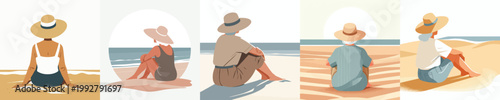 vector of grandma sitting relaxed on the beach enjoying the summer back view
