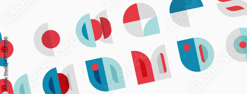 Abstract geometric shapes, red, blue, gray. Minimalist design, repeating patterns, flat illustration, simple forms, modern aesthetic.