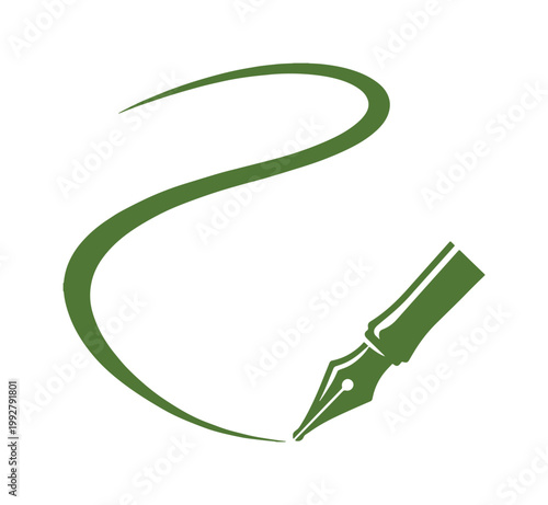 エレガントな万年筆のペン先と流れるような筆跡のベクターイラスト、書道や執筆、教育関連のデザインに最適な緑色のアイコン素材
