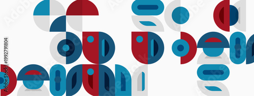 Abstract geometric shapes overlap. Red, blue, gray tones dominate composition. Minimalist design, modern aesthetic. Clean lines, simple forms.