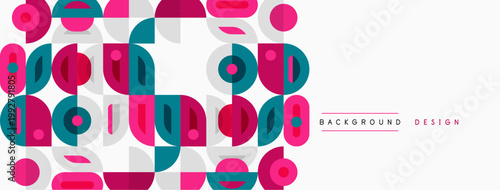 Abstract geometric pattern. Pink, teal, gray shapes overlap. Modern design element for backgrounds, presentations. Simple, clean aesthetic.