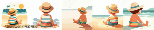 vector of little boy sitting relaxed on the beach enjoying the summer back view