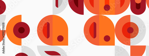 Retro pattern features overlapping circles, orange, red, gray hues. Simple geometric design creates repeating visual texture.