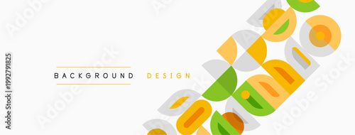 Abstract background design features colorful overlapping shapes, text elements. Minimalist style, clean aesthetic, suitable for presentations.