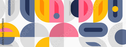 Abstract geometric pattern. Shapes overlap, creating colorful composition. Soft pastel tones dominate design, modern aesthetic.